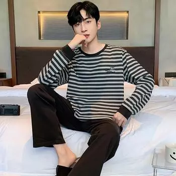весна осень плюс размер 5XL 6XL полосатый пижамный комплект для отдыха для мужчин хлопок пижамы для мальчиков с длинным рукавом ночная рубашка для мужчин большой размер домашняя одежда верхняя одежда L чёрный
