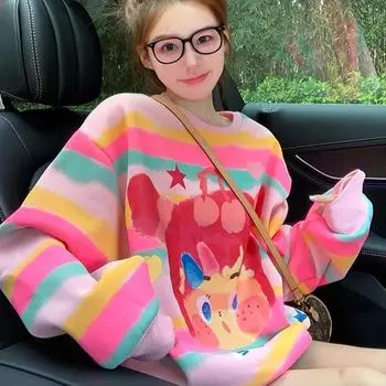 весна осень повседневная милая мультяшная принтованная толстовка большого размера с длинным рукавом женская толстовка с капюшоном в радужную полоску с круглым вырезом с длинным рукавом y2k топы уличная одежда S