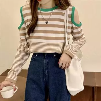 весна осень повседневный разноцветный полосатый топы с длинным рукавом вязаный низ свитера ажурные свитера женские джемперы пуловеры One Size