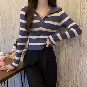 весна осень повседневный разноцветный полосатый топы с длинным рукавом вязаный низ свитера поло воротник свитера женские джемперы пуловеры One Size