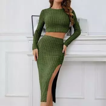 весна осень повседневный тонкий комплект из двух предметов женский укороченный топ с круглым вырезом эластичная резинка на талии длинная юбка модный офисный женский сексуальный трикотажный костюм с боковыми разрезами S светло-серый