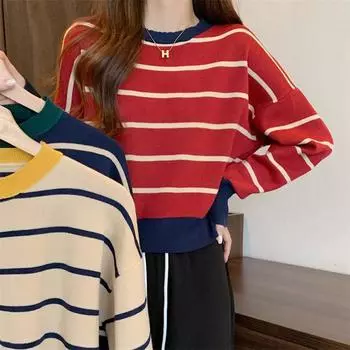 весна осень свободный свитер женский модный женский длинный рукав О-образный вырез винтажный красный полосатый пуловер вязаный повседневный свитера трикотаж One Size