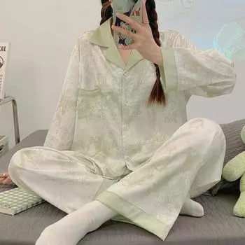 весна осень тай-дай длинный рукав двухсекционный пижамный комплект женский кардиган домашняя одежда зеленое нижнее белье сексуальное ночное белье женская одежда для сна M