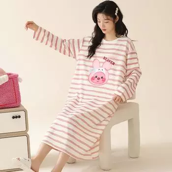 весна осень Тонкая хлопковая ночная рубашка женская с длинным рукавом Свободная полосатая мультяшная пижама для молодой девушки Женские милые ночные рубашки Ночная одежда M