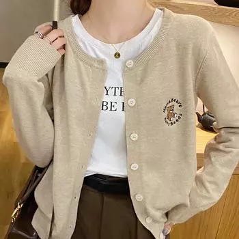 весна осень тонкие кашемировые кардиганы стиль преппи свободный свитер женский с круглым вырезом мультфильм однобортный кардиган женские свитера One Size