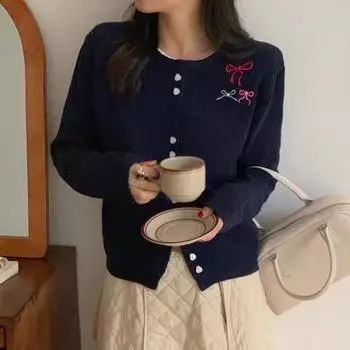 весна осень тонкие кашемировые кардиганы стиль преппи вышитый свитер женский с круглым вырезом однобортный женский кардиган свитера One Size