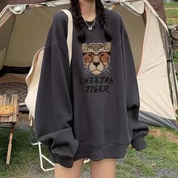 весна осень тонкие толстовки с капюшоном мультяшный принт свободный свитшот женские пуловеры Harajuku повседневные свободные свитшоты с длинным рукавом y2k топ уличная одежда M темно-серого