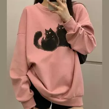 весна осень тонкие толстовки с капюшоном мультяшный принт свободный свитшот женские повседневные свободные свитшоты Harajuku пуловеры с длинным рукавом y2k топ уличная одежда M розовый
