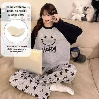 весна осень тонкий хлопок пижамные комплекты с нагрудником длинный рукав смешной мультяшный принт пижамы элегантные женские пижамы для отдыха домашняя пижама M