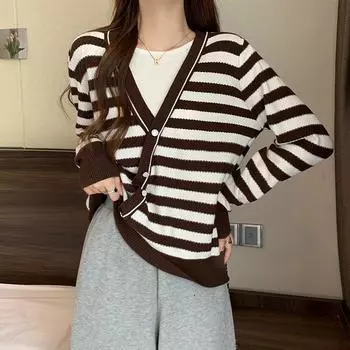 весна осень тонкий поддельный свитер из двух частей женский модный женский длинный рукав полосатый свитер y2k трикотажные повседневные свитера трикотаж One Size