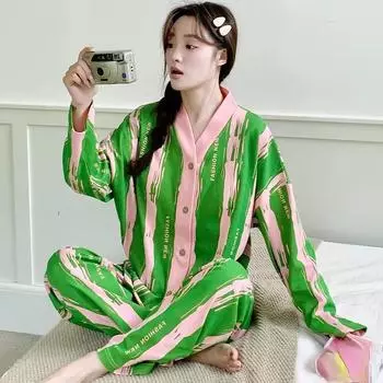весна осень уютная пижама зеленая полоса кимоно кардиган пижамные комплекты женские с длинным рукавом и длинными штанами одежда для сна мягкая домашняя одежда M