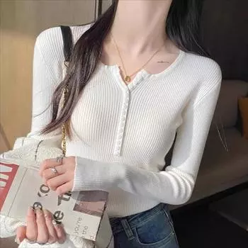 весна осень Вязаный V-образный вырез Длинный рукав Приталенный джемпер Топы Женский свитер Пуловер однотонный пуговица Женские повседневные рубашки Мягкие свитера One Size
