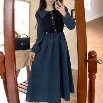 весна осень винтаж цветное облегающее платье французский стиль элегантный длинный рукав свободные женские платья женские праздничные платья M