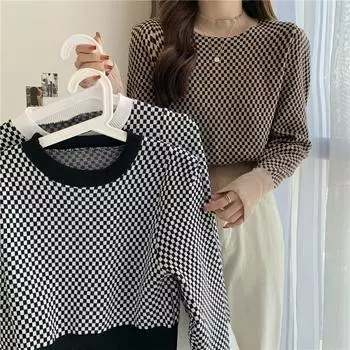 весна осень винтажный трикотаж укороченные топы женские пуловеры свитера модные женские с длинным рукавом эластичные повседневные клетчатые трикотажные рубашки One Size