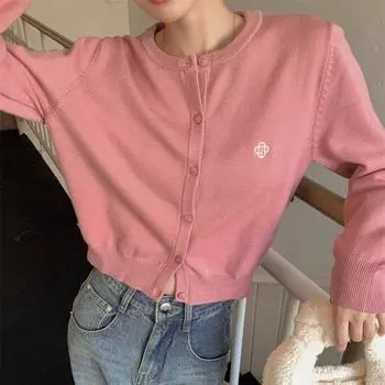 весна осень вышивка вязаный женский кардиган корейский однобортный с длинным рукавом джемпер женский круглый вырез универсальный кардиган верхняя одежда one size чёрный