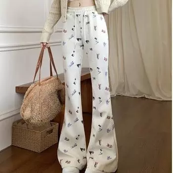 весна осень y2k Широкие брюки с эластичной талией и мультяшным принтом Повседневные спортивные брюки Женские уличные брюки Харадзюку Женские расклешенные брюки S