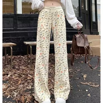 весна осень y2k Широкие брюки с эластичной талией мультфильм Повседневные спортивные брюки Женские уличные брюки harajuku Женские прямые брюки S