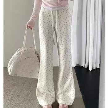 весна осень y2k Широкие брюки с эластичным поясом и цветочным принтом Повседневные спортивные брюки Женские уличные брюки harajuku Женские расклешенные брюки S