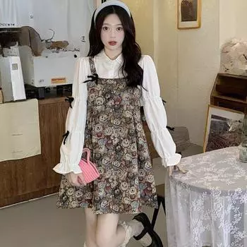 весна осень женщины Сращивание двух поддельных частей мини платья Повседневный свободный Длинный рукав Женский милый мультфильм вечернее платье студентка Mujer Vestidos M
