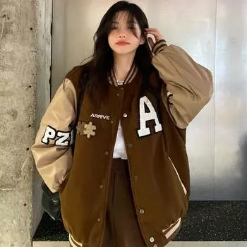 весна осень Женщины Толстовки пальто Винтаж Цветные блоки Длинный рукав Оверсайз Толстовка Повседневный Большой бейсбольный свитер кардиган куртка Унисекс M темно-коричневого