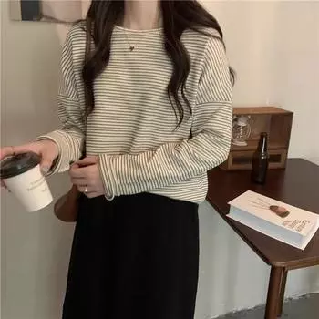 весна осень женская harajuku полосатая футболка с длинным рукавом и круглым вырезом корейская повседневная свободная футболка Femme y2k топы M