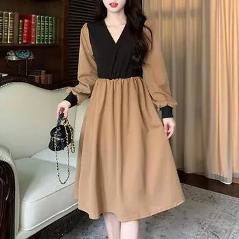 весна осень женские длинные рукава свободные макси платья цветные облегающие платья для женщин корейские поддельные две части вечерние платья M