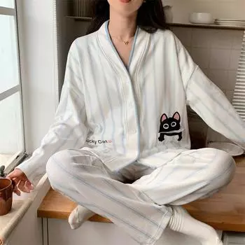 весна осень Женские комплекты из двух предметов Кардиган с лацканами Домашняя одежда Милые мультяшные коты Женские пижамы Удобная одежда для сна Ночная одежда M