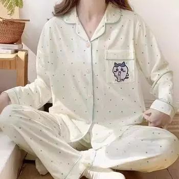 весна осень женские комплекты кардиган с лацканами домашняя одежда комплект из двух предметов милый мультяшный горошек женские пижамы удобная одежда для сна ночная рубашка M