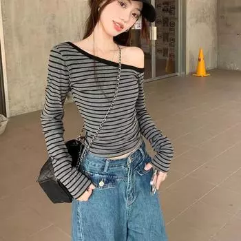 весна осень женские сексуальные футболки с открытыми плечами Harajuku с длинным рукавом косой воротник полосатый повседневный тонкий футболка укороченный топы уличная одежда S