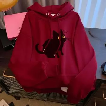 весна осень Женские толстовки с капюшоном harajuku Повседневный мультяшный кот Принт Толстовка с капюшоном свободные спортивные топы пуловеры K pop одежда M