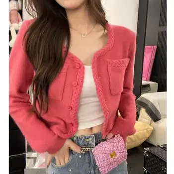 весна осень женский кардиган на пуговицах вязаный корейский длинный рукав короткие пальто укороченные топы свитера повседневный свободный однотонный свитер с круглым вырезом One Size