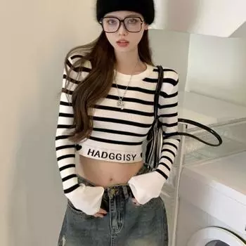 весна осень женский полосатый трикотажный сексуальный свитер с круглым вырезом Femme Y2k длинный рукав пуловер черный белый свитера укороченный топ модная одежда One Size