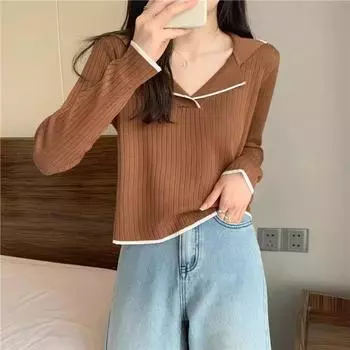 весна осень женский пуловер многоцветный свитер поло воротник лацкан трикотажные y2k низ верх эластичный повседневный тонкий базовый свитер One Size