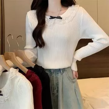 весна осень женский пуловер с длинным рукавом свитер для женщин с круглым вырезом повседневный тонкий кружевной бант белый свитера топ one size чёрный