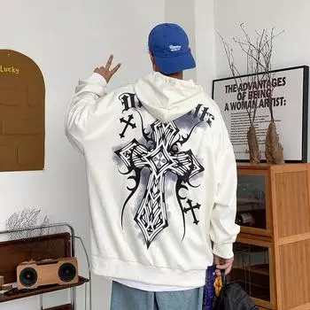 West Coast Choppers Cross Frame Graphics Hoodie Мужская мода Винтажная уличная одежда Мужские свободные толстовки Мужские флисовые толстовки S белый