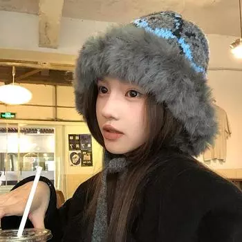 West Sichuan travel knitted ear protection rabbit hair hat women s autumn and winter 2024 new warm face small wool bucket hat M56-58cm серый