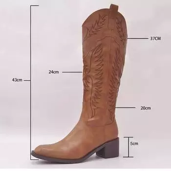 Western cowboy boots tall knight boots pointed new brown retro embroidered thick heel boots boots boots 35