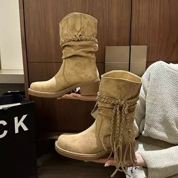 Western cowboy boots women s autumn and winter new thick heel short boots new retro suede high heel short boots 35