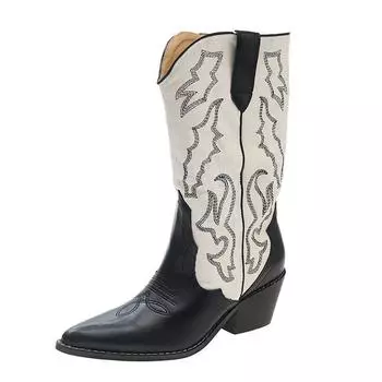 Western cowboy boots women s thick heel 2025 new European and American embroidered thin mid-tube boots mid-heel pointed color matching knight boots 35