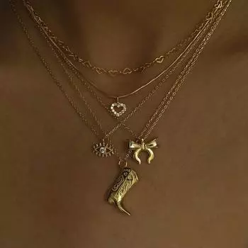 Western Denim Style Multi-Element Stacked Necklace, Love Chain, Eye Bow With Diamonds, Simple Collarbone Chain For Women