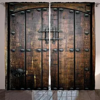 Western High Shading Curtains Traditional Rustic West Wooden Door Living Room Decoration Curtains Bedroom Window Drapes New W55 X H120cm X 2&HOOK