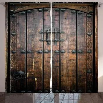 Western High Shading Curtains Traditional Rustic West Wooden Door Living Room Decoration Curtains Bedroom Window Drapes New W55 X H120cm X 2&HOOK