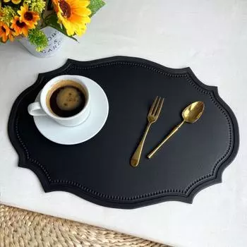 Western Placemat Tableware Pad Oil Water Resistant Heat Insulation PU Leather Non-Slip Tablemat Coaster Retro Bowl Cup Placemat 43x30x0.2cm
