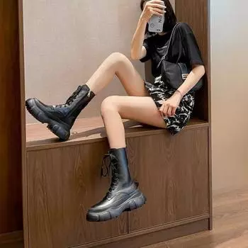 Western Punk Biker Mid Calf Shoes For Women Half High Ladies Boots Platform Footwear Black Stylish And Low Price On Offer 35