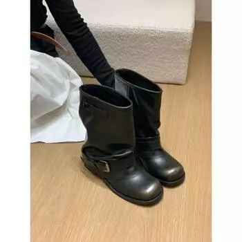 Western round head thick heel short boots women s autumn and winter new retro Martin boots short flat heel trouser tube boots 35