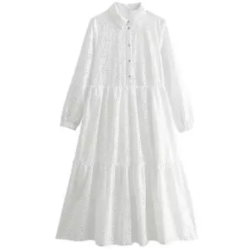 Western Style 2024 Spring New Women Temperament Hollow Embroidered Midi Dress 2430694 250 White XS