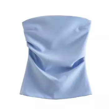 Western Style 2024 Summer New Women clothes Solid All-Match Pleat Sleeveless Slim fit Tube Top Top 3067089 Blue XS