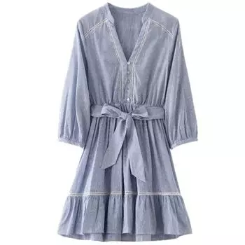 Western Style 2024 Summer New Women clothes V-neck Temperament Lace Trim Stripe Mini Dress 3210788 Picture color XS
