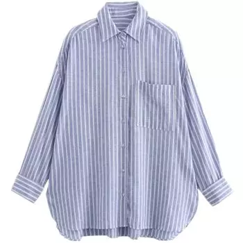 Western Style 2024 Summer New Women clothes Elegant All-Match Long sleeve Lapel Casual Stripe Shirts 8176848 Blue XS