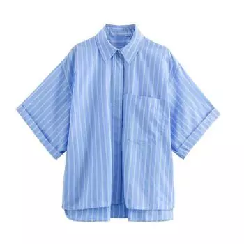 Western Style 2024 Summer New Women clothes Elegant Versatile Slimming Pocket Decoration Poplin Shirts 2837733 Blue Stripe M